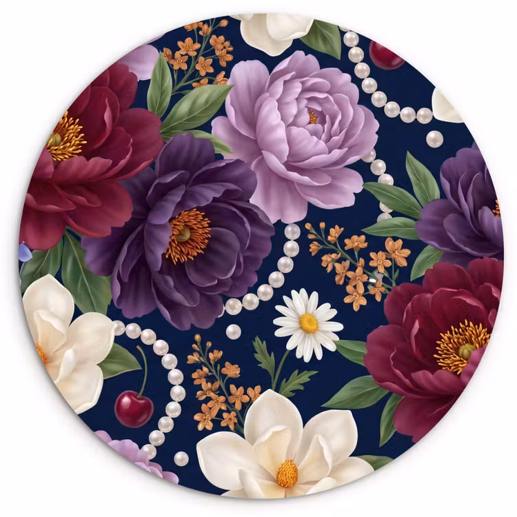 Bloemen - Parels - Decoratie - Modern - Blauw Wandcirkel kunststof plaat 5mm dik klein -3d