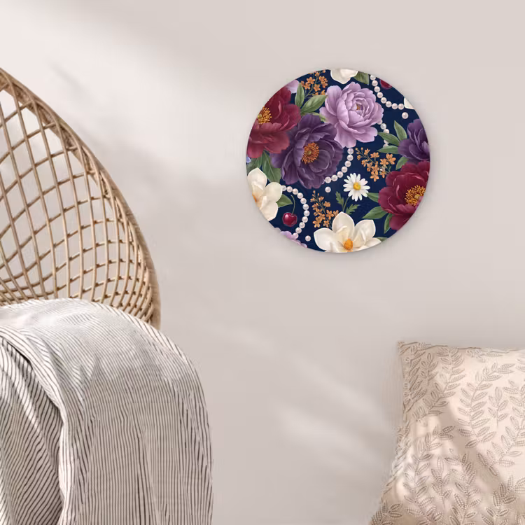 Bloemen - Parels - Decoratie - Modern - Blauw Wandcirkel kunststof plaat 5mm dik klein -sfeer5