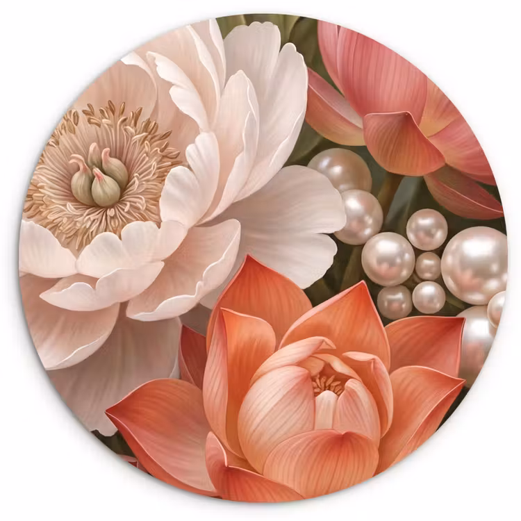 Bloemen - Parels - Elegant - Roze - Wit Wandcirkel kunststof plaat 5mm dik klein -3d