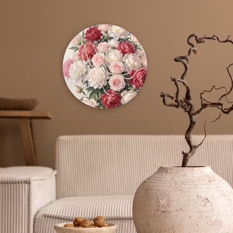 Bloemen - Parels - Romantiek - Klassiek - Roze Wandcirkel kunststof plaat 5mm dik klein -sfeer1