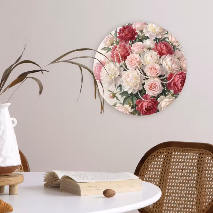 Bloemen - Parels - Romantiek - Klassiek - Roze Wandcirkel kunststof plaat 5mm dik klein -sfeer4