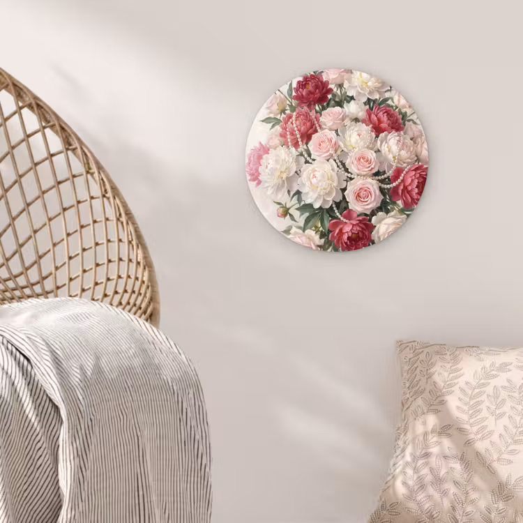 Bloemen - Parels - Romantiek - Klassiek - Roze Wandcirkel kunststof plaat 5mm dik klein -sfeer5