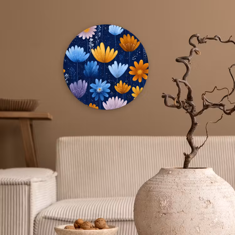 Bloemen - Patroon - Blauw - Contrast Wandcirkel kunststof plaat 5mm dik klein -sfeer1