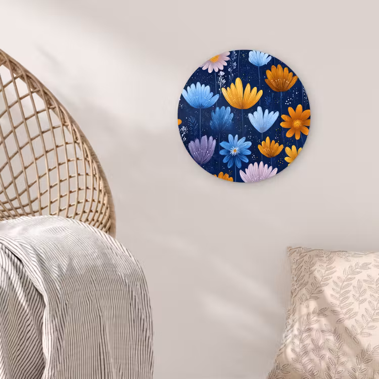 Bloemen - Patroon - Blauw - Contrast Wandcirkel kunststof plaat 5mm dik klein -sfeer5