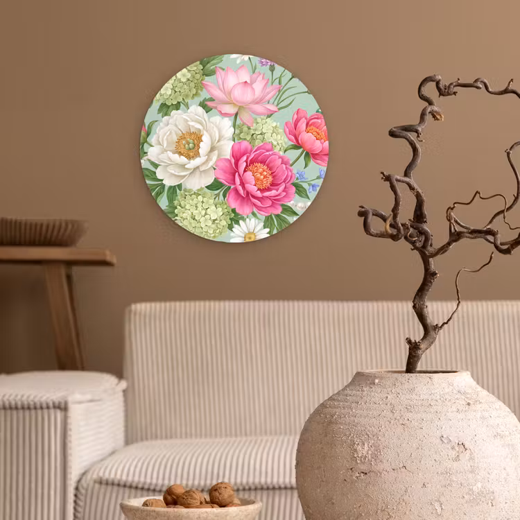 Bloemen - Patroon - Botanisch - Groen Wandcirkel kunststof plaat 5mm dik klein -sfeer1