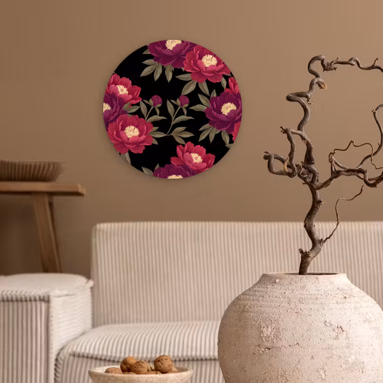 Bloemen - Patroon - Botanisch - Rood - Zwart Wandcirkel kunststof plaat 5mm dik klein -sfeer1