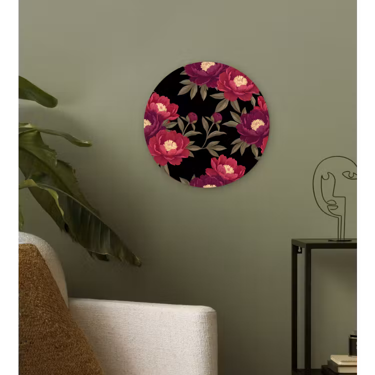 Bloemen - Patroon - Botanisch - Rood - Zwart Wandcirkel kunststof plaat 5mm dik klein -sfeer3