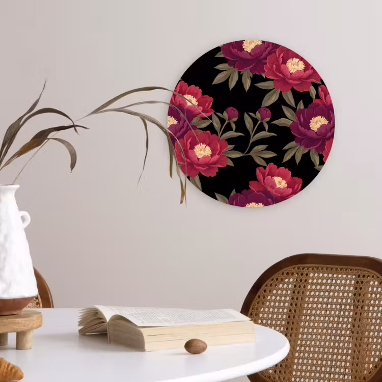 Bloemen - Patroon - Botanisch - Rood - Zwart Wandcirkel kunststof plaat 5mm dik klein -sfeer4