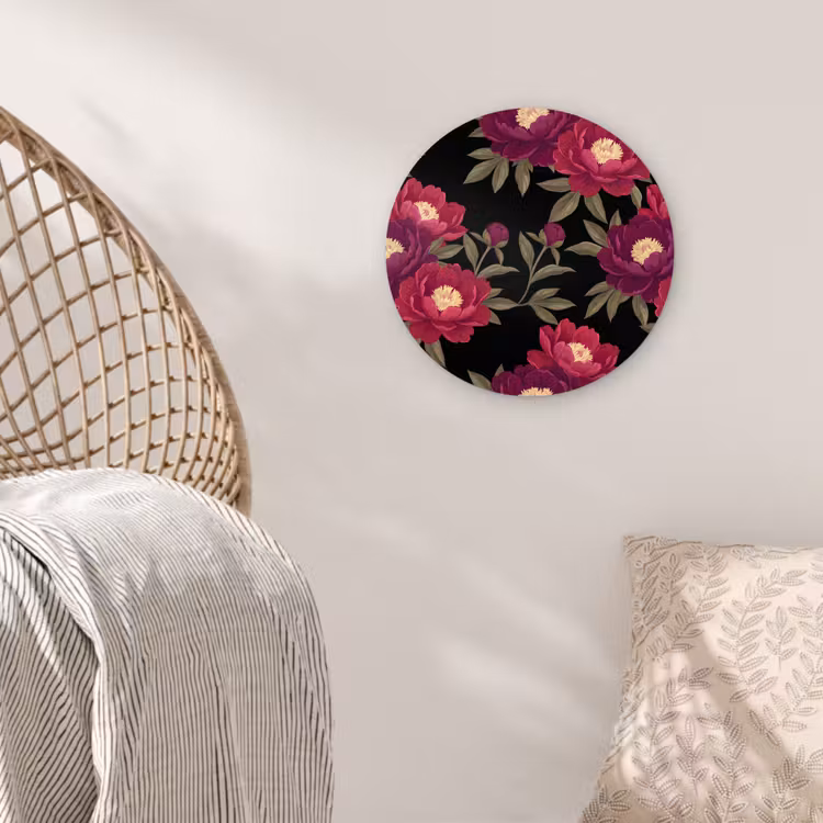 Bloemen - Patroon - Botanisch - Rood - Zwart Wandcirkel kunststof plaat 5mm dik klein -sfeer5