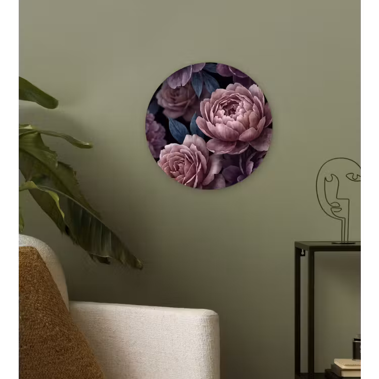 Bloemen - Patroon - Donker - Botanisch - Paars Wandcirkel kunststof plaat 5mm dik klein -sfeer3