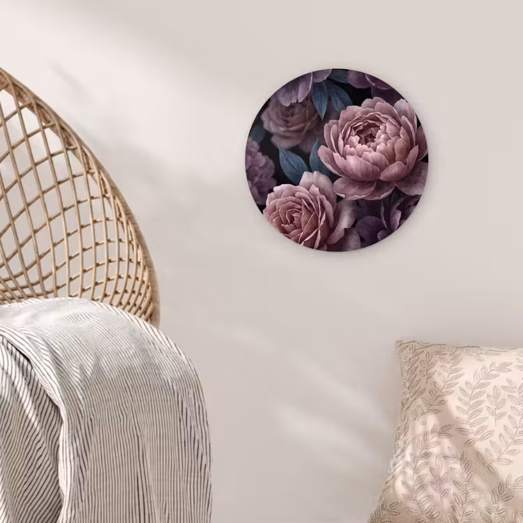 Bloemen - Patroon - Donker - Botanisch - Paars Wandcirkel kunststof plaat 5mm dik klein -sfeer5