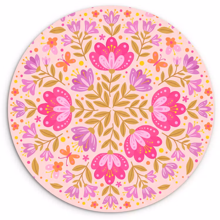 Bloemen - Patroon - Natuur - Abstract - Roze Wandcirkel kunststof plaat 5mm dik klein -3d