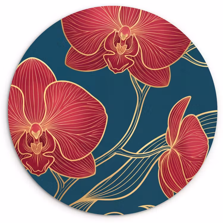 Muurcirkel - Bloemen - Rood - Goud - Bloemen - Rood - Goud Wandcirkel kunststof plaat 5mm dik klein