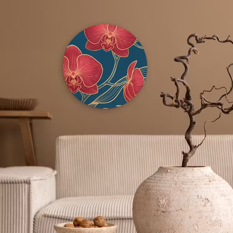 Muurcirkel - Bloemen - Rood - Goud - Bloemen - Rood - Goud Wandcirkel kunststof plaat 5mm dik klein