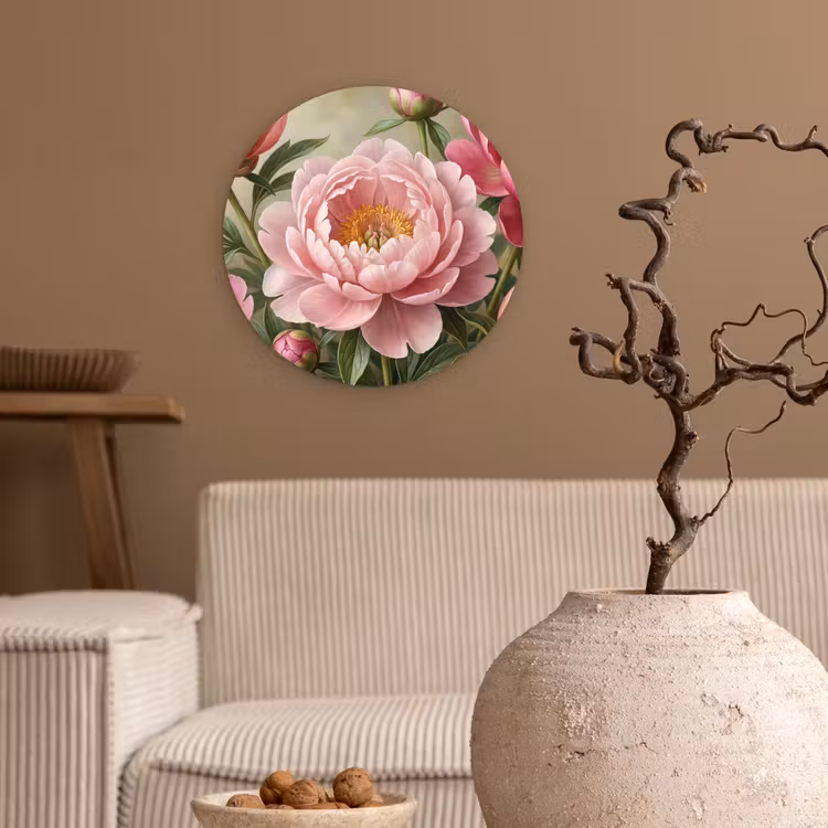 Bloemen - Roze - Klassiek - Gedetailleerd - Natuur Wandcirkel kunststof plaat 5mm dik klein -sfeer1