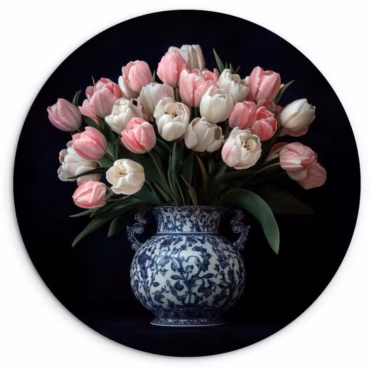 Bloemen - Roze - Tulpen - Vaas Wandcirkel kunststof plaat 5mm dik klein -3d