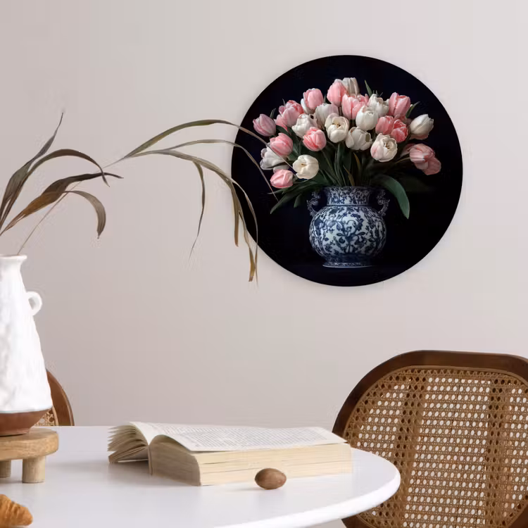 Bloemen - Roze - Tulpen - Vaas Wandcirkel kunststof plaat 5mm dik klein -sfeer4