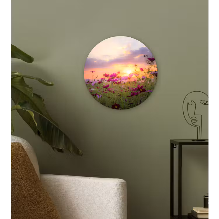 Bloemen - Roze - Zonsondergang - Natuur - Weide - Horizon Wandcirkel kunststof plaat 5mm dik klein -sfeer3