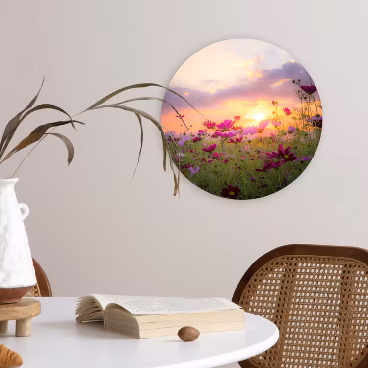 Bloemen - Roze - Zonsondergang - Natuur - Weide - Horizon Wandcirkel kunststof plaat 5mm dik klein -sfeer4