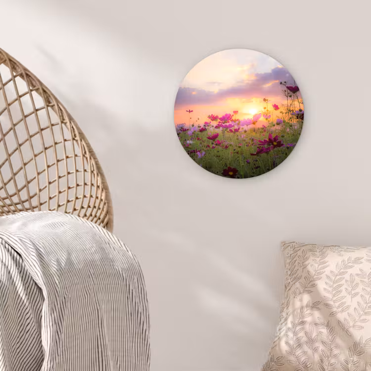Bloemen - Roze - Zonsondergang - Natuur - Weide - Horizon Wandcirkel kunststof plaat 5mm dik klein -sfeer5