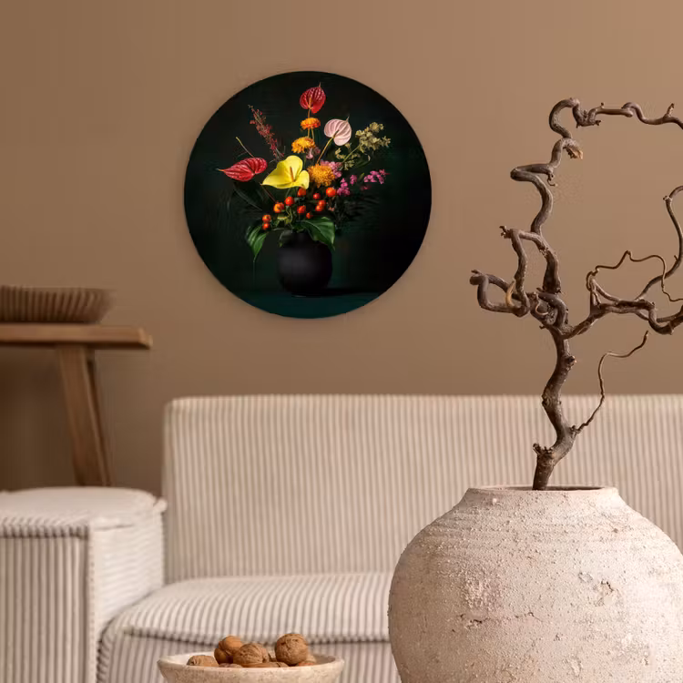 Bloemen - Vaas - Zwart Wandcirkel kunststof plaat 5mm dik klein -sfeer1