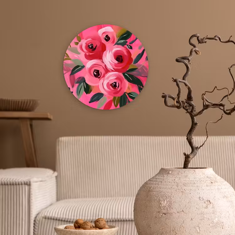 Bloemen - Verf - Roze Wandcirkel kunststof plaat 5mm dik klein -sfeer1