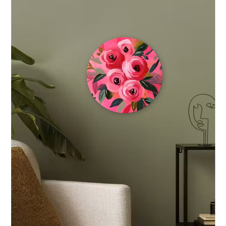 Bloemen - Verf - Roze Wandcirkel kunststof plaat 5mm dik klein -sfeer3