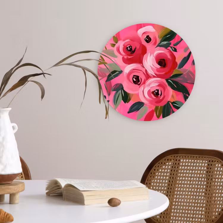 Bloemen - Verf - Roze Wandcirkel kunststof plaat 5mm dik klein -sfeer4