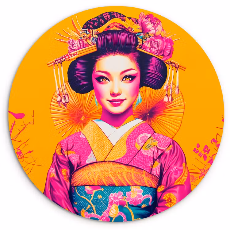 Bloemen - Vrouw - Kimono - Roze Wandcirkel kunststof plaat 5mm dik klein -3d