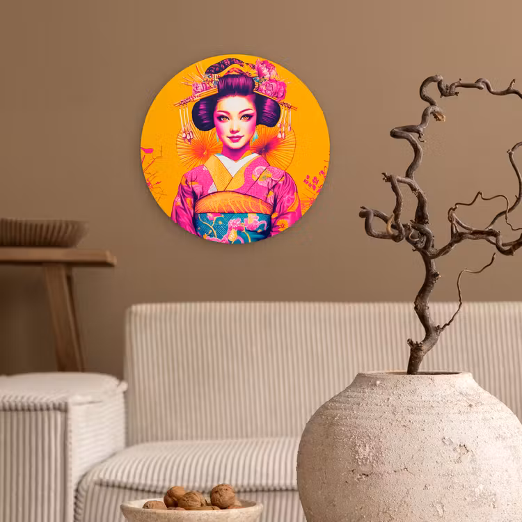 Bloemen - Vrouw - Kimono - Roze Wandcirkel kunststof plaat 5mm dik klein -sfeer1