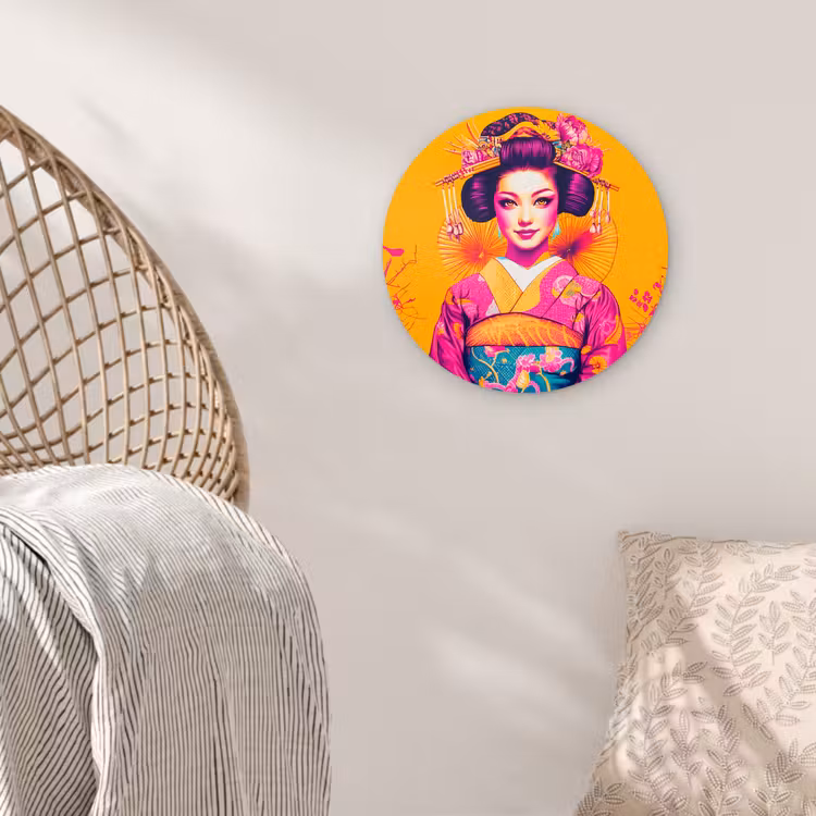 Bloemen - Vrouw - Kimono - Roze Wandcirkel kunststof plaat 5mm dik klein -sfeer5