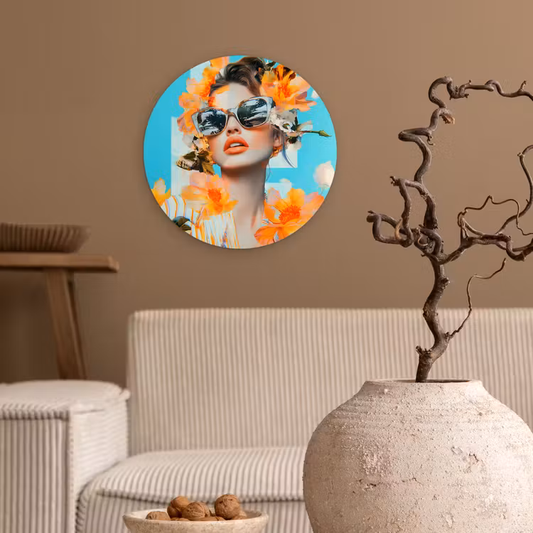 Bloemen - Vrouw - Zonnebril - Blauw Wandcirkel kunststof plaat 5mm dik klein -sfeer1