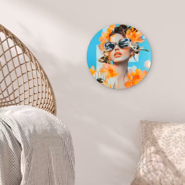 Bloemen - Vrouw - Zonnebril - Blauw Wandcirkel kunststof plaat 5mm dik klein -sfeer5