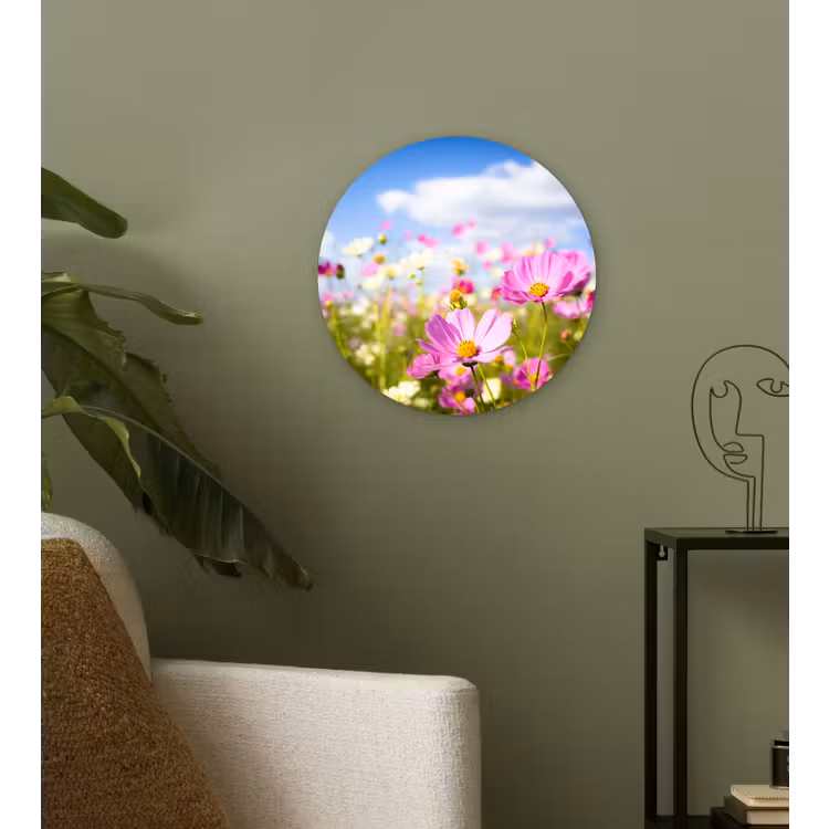 Bloemen - Wei - Paars - Gras - Wit - Wolken - Blauw Wandcirkel kunststof plaat 5mm dik klein -sfeer3