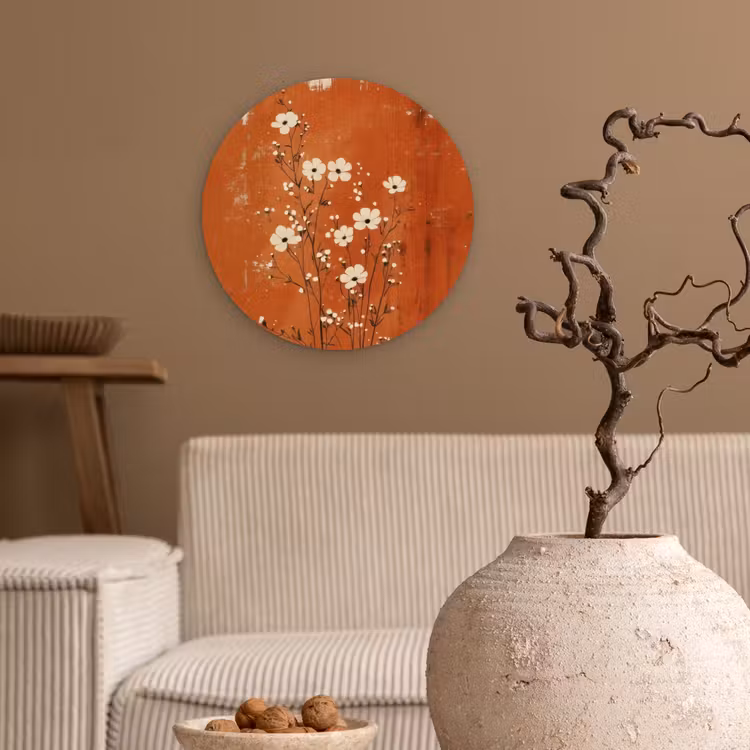 Bloemen - Wit - Subtiel - Roestkleur Wandcirkel kunststof plaat 5mm dik klein -sfeer1