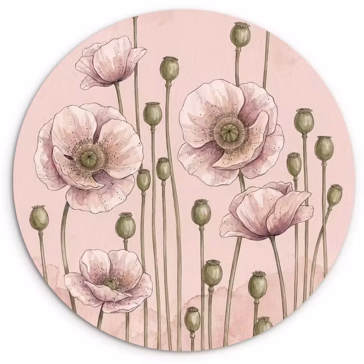 Bloemen - Zomer - Natuur - Aquarel - Roze Wandcirkel kunststof plaat 5mm dik klein -3d