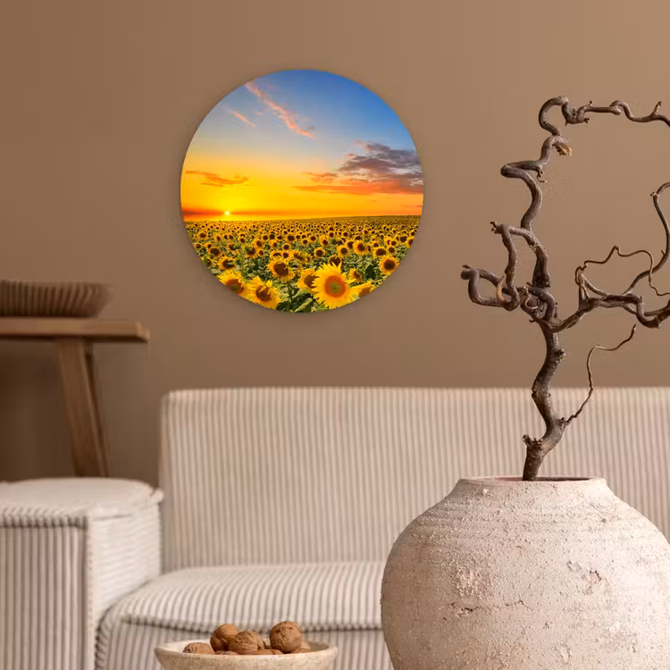 Bloemen - Zonnebloem - Zonsondergang - Nacht - Oranje Wandcirkel kunststof plaat 5mm dik klein -sfeer1