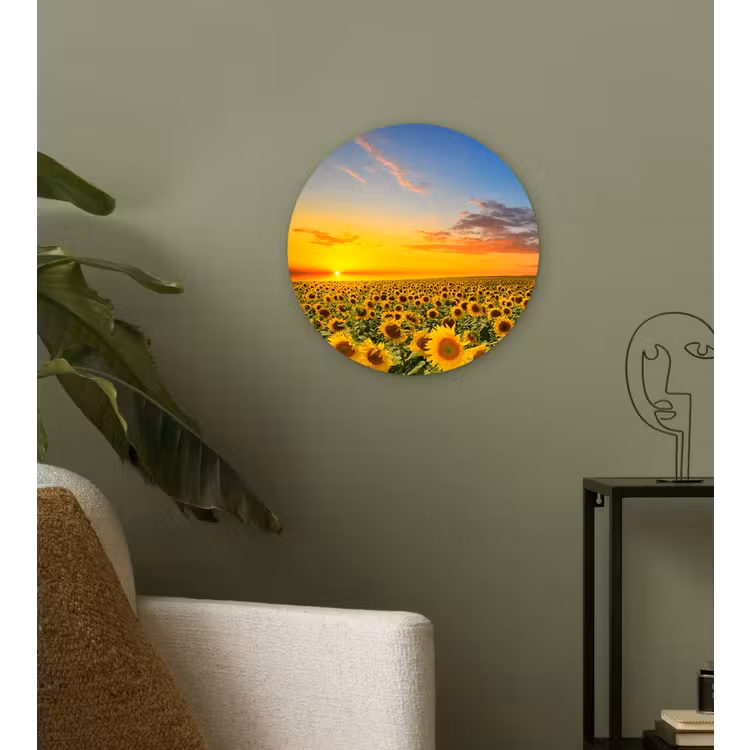 Bloemen - Zonnebloem - Zonsondergang - Nacht - Oranje Wandcirkel kunststof plaat 5mm dik klein -sfeer3