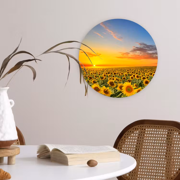 Bloemen - Zonnebloem - Zonsondergang - Nacht - Oranje Wandcirkel kunststof plaat 5mm dik klein -sfeer4