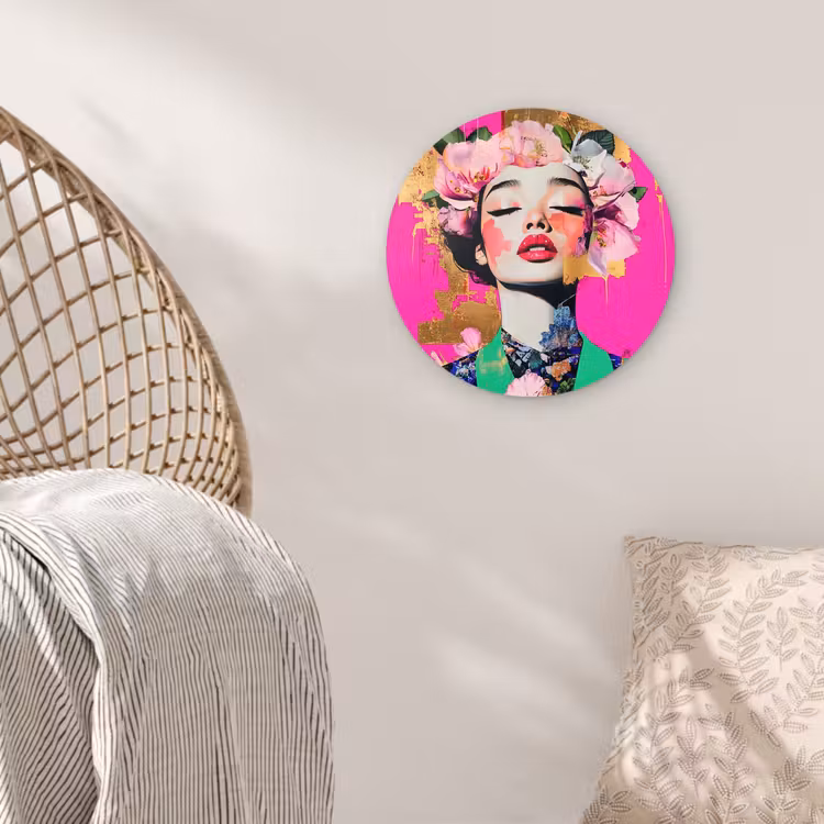 Bloemenkroon - Goud - Vrouw - Portret Wandcirkel kunststof plaat 5mm dik klein -sfeer5