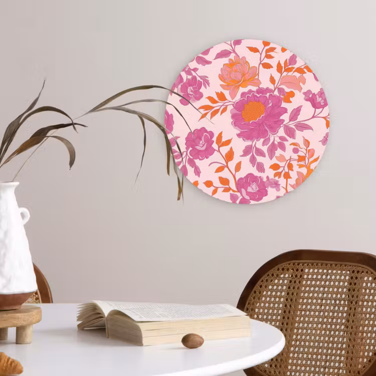 Bloemenpatroon - Roze - Oranje - Bloemen Wandcirkel kunststof plaat 5mm dik klein -sfeer4