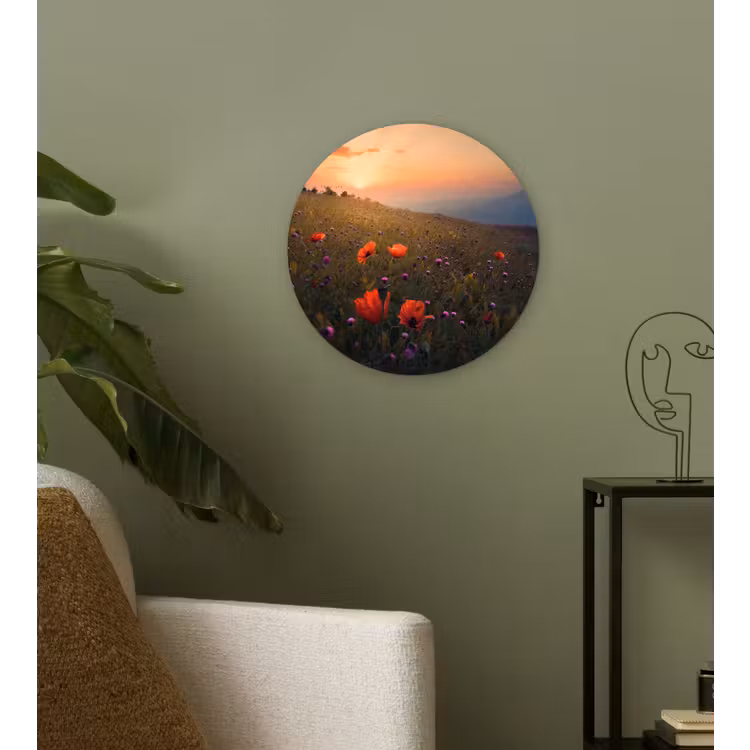 Bloemenveld - Gras - Bloemen - Planten - Zonsondergang - Oranje Wandcirkel kunststof plaat 5mm dik klein -sfeer3
