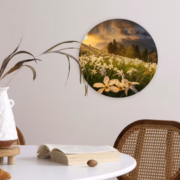 Bloemenveld - Heuvels - Zonsondergang - Berg - Natuur - Wit - Heuvels Wandcirkel kunststof plaat 5mm dik klein -sfeer4