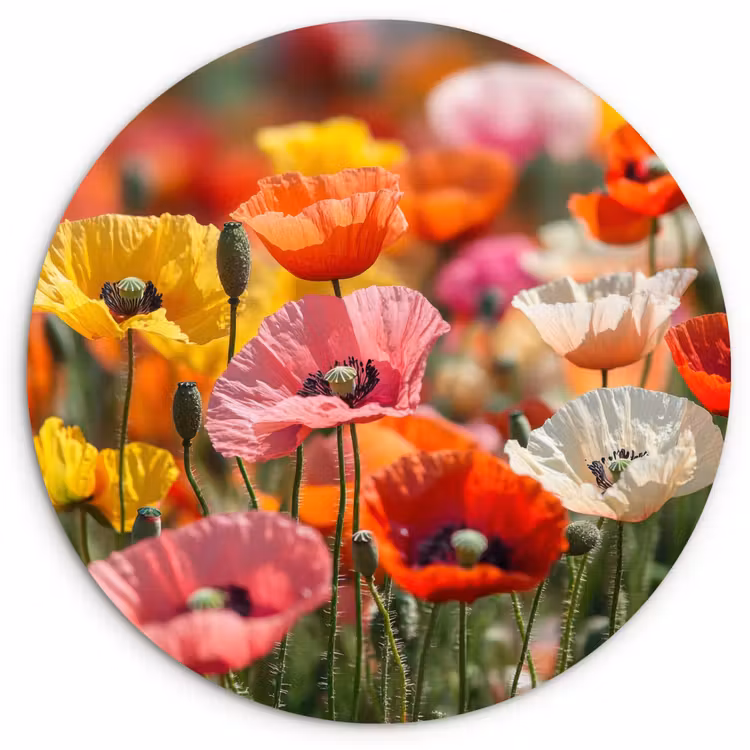 Bloemenveld - Klaprozen - Kleurrijk Wandcirkel kunststof plaat 5mm dik klein -3d