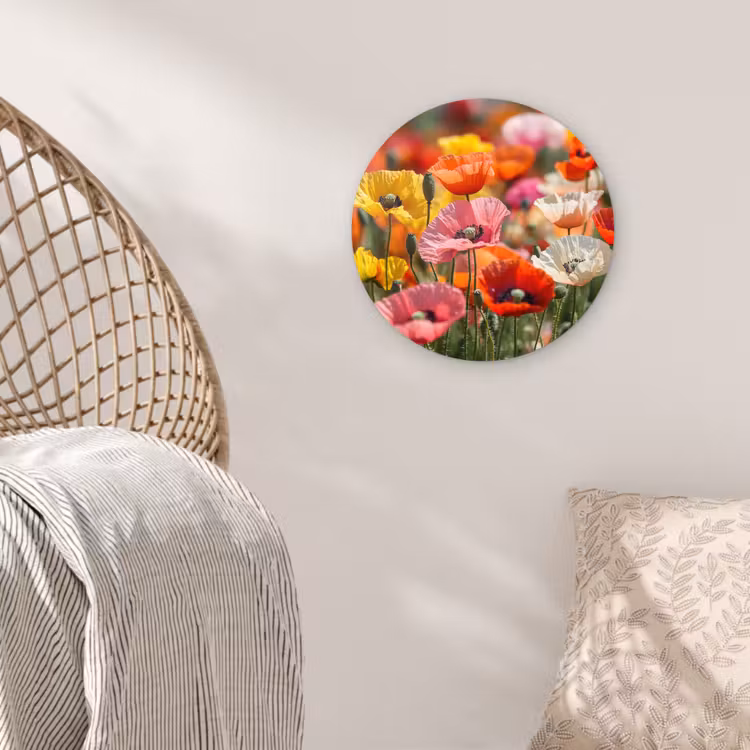 Bloemenveld - Klaprozen - Kleurrijk Wandcirkel kunststof plaat 5mm dik klein -sfeer5