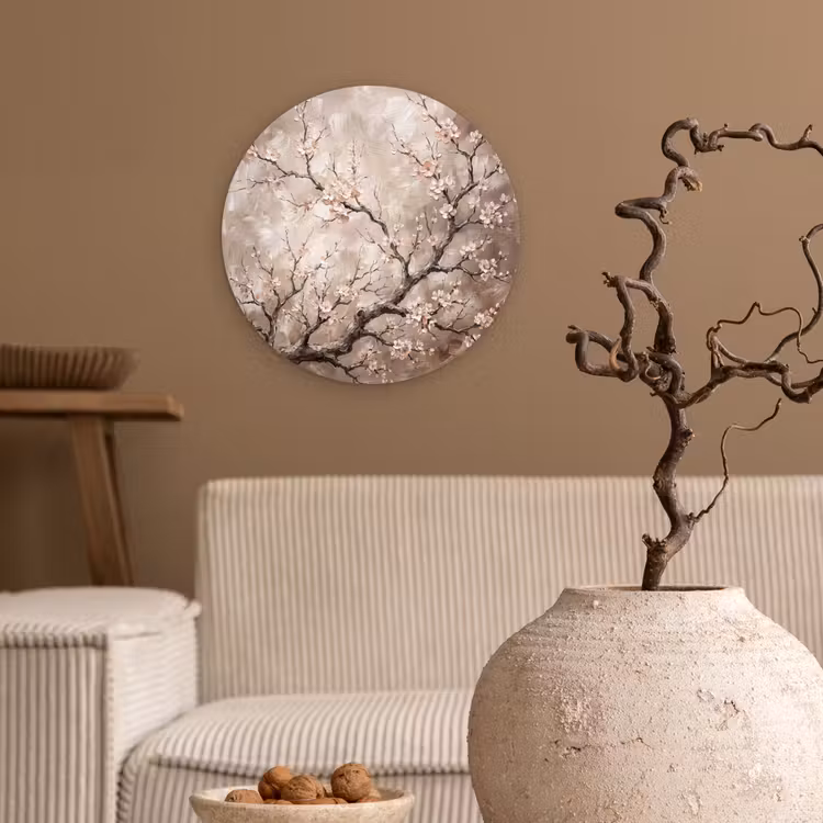 Bloesem - Takken - Schilderij - Beige - Serene Wandcirkel kunststof plaat 5mm dik klein -sfeer1