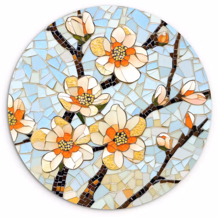 Bloesems - Wit - Mozaïek - Tak Wandcirkel kunststof plaat 5mm dik klein -3d