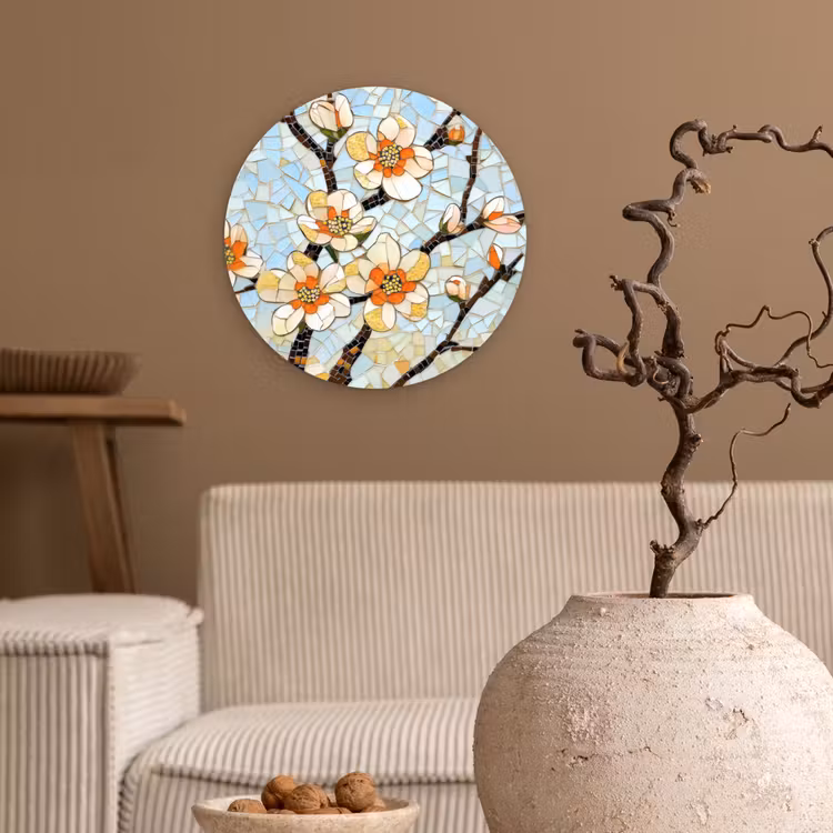 Bloesems - Wit - Mozaïek - Tak Wandcirkel kunststof plaat 5mm dik klein -sfeer1