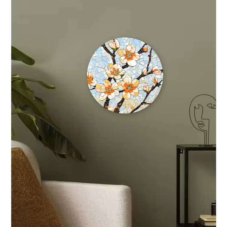 Bloesems - Wit - Mozaïek - Tak Wandcirkel kunststof plaat 5mm dik klein -sfeer3