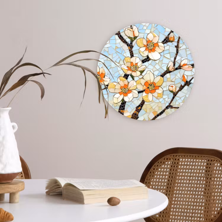 Bloesems - Wit - Mozaïek - Tak Wandcirkel kunststof plaat 5mm dik klein -sfeer4